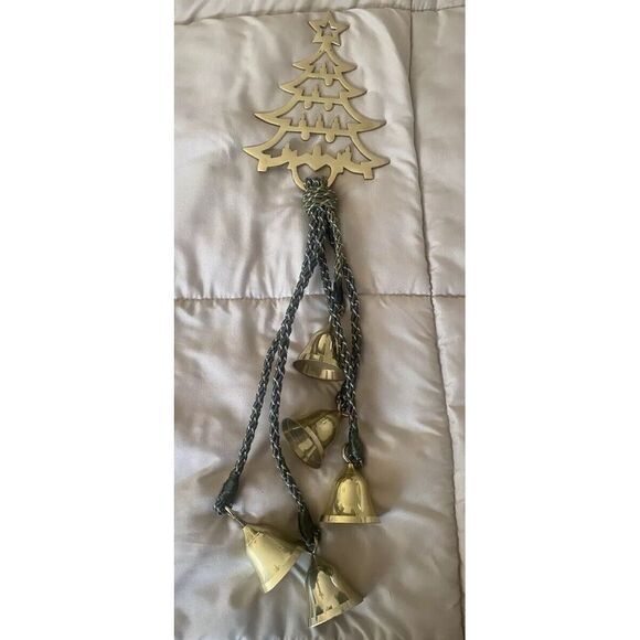 Midwest Of Cannon Falls Brass Tree With 5 Brass Bells On Green Braided Cord 24" - Picture 1 of 2